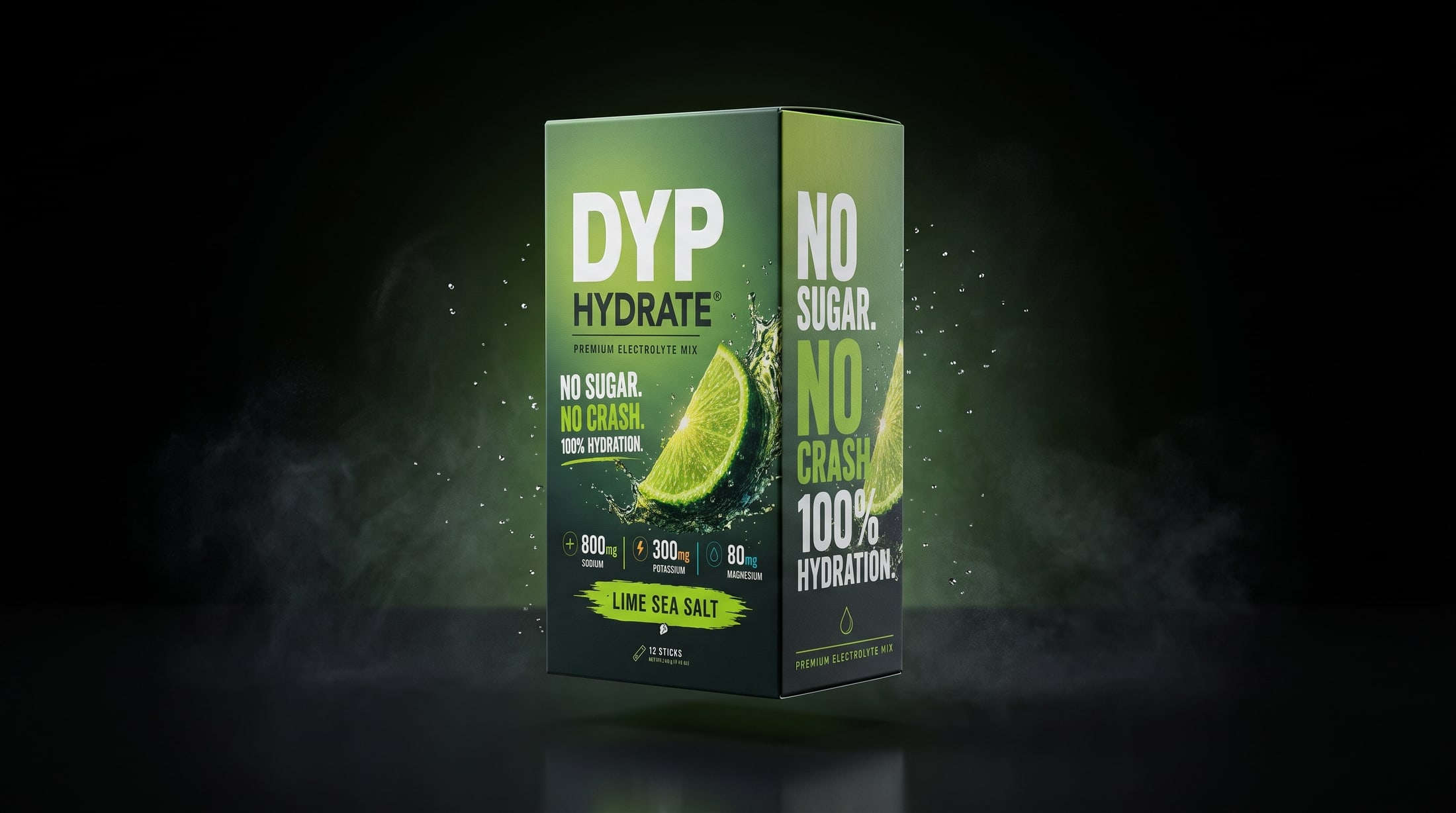 DYP Hydrate Lime Sea Salt box floating above an off-black surface
